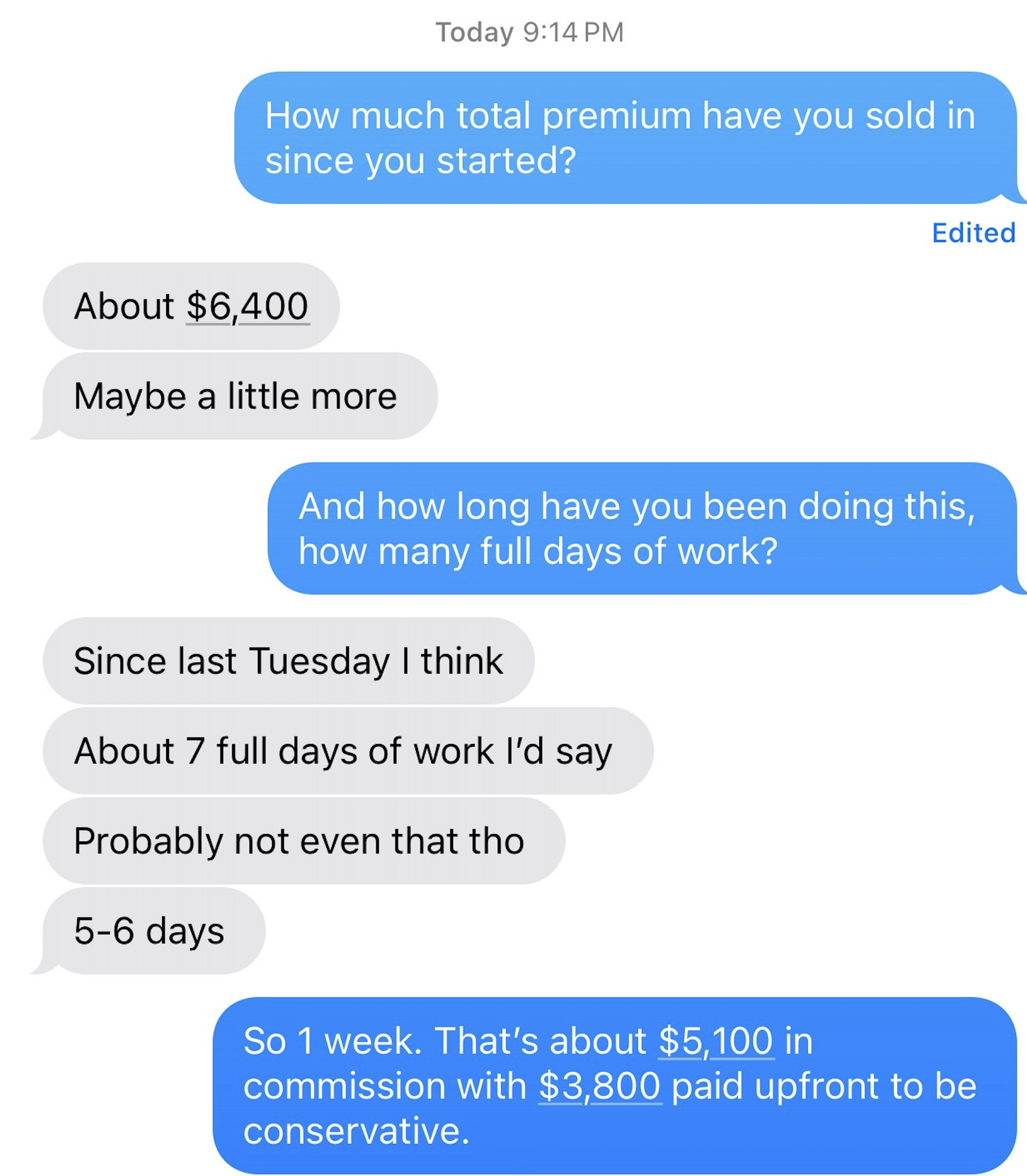 Agent text conversation - $5,100 commission in 1 week